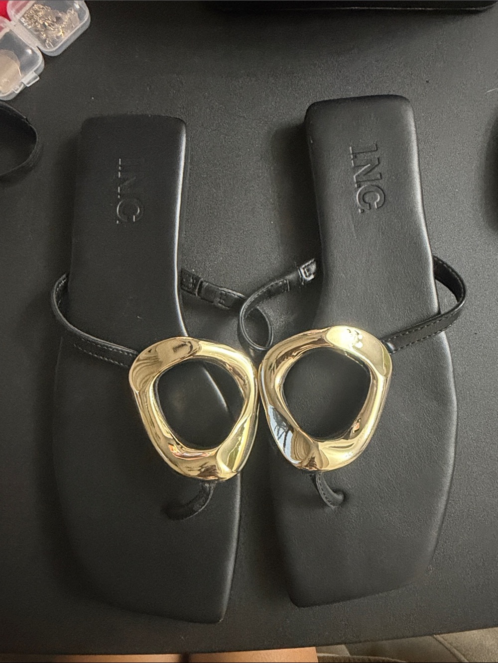 INC International Concepts Black Sandals with Gold Hardware